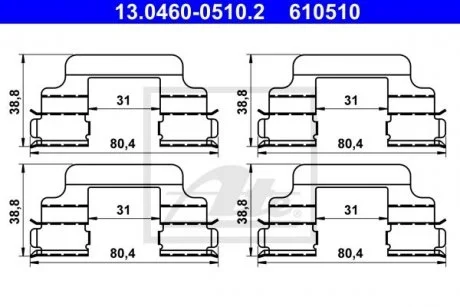 Монтажний набір гальмівних колодок передн PEUGEOT 407, SEAT CORDOBA, IBIZA III, SKODA FABIA I, FABIA I PRAKTIK, FABIA II, FABIA II PRAKTIK, ROOMSTER, ROOMSTER PRAKTIK, VW POLO IV 1.0-2.0D 12.95- ATE 13.0460-0510.2