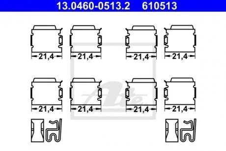 Монтажний набір гальмівних колодок CHRYSLER VOYAGER III, VOYAGER IV JEEP CHEROKEE, WRANGLER III OPEL COMBO TOUR, COMBO/MINIVAN, CORSA C, CORSA C/HATCHBACK, MERIVA A, TIGRA 1.0-3.8 01.95- ATE 13046005132