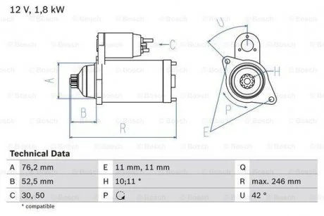А_Стартер 12В 1.8кВт AUDI/SEAT/SKODA/VW A2/A3/Fabia/Octavia/Bora/Passat/Golf/Polo \'\'1.4-1.9 \'\'97-10 BOSCH 0986016980