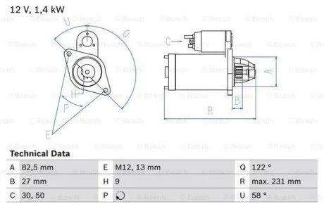 Стартер (12В, 1,4кВт, відновлений) AUDI A4 B5, A4 B6, A4 B7, A6 C5, A8 D2, A8 D3, ALLROAD C5, CABRIOLET B3, SKODA SUPERB I, VW PASSAT B5, PASSAT B5.5 2.4-4.2 11.92-03.08 BOSCH 0 986 018 340