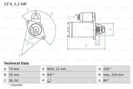 Стартер (12В, 1,1кВт, відновлений) CITROEN C1, PEUGEOT 107, TOYOTA AYGO, AYGO/HATCHBACK 1.0 06.05-09.14 BOSCH 0 986 021 550 (фото 1)