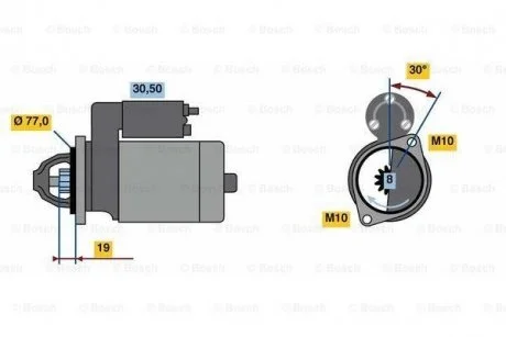 Стартер (12В, 1,7кВт, відновлений) HYUNDAI ACCENT III, ACCENT IV, ELANTRA IV, ELANTRA V, GETZ, I10 I, I20 I, I30, IX20, MATRIX KIA CARENS III, CEED, CERATO I, PICANTO I, PRO CEED 1.1D-1.6D 07.04- BOSCH 0986023600