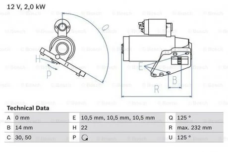 Стартер (12В, 2кВт, відновлений) CHRYSLER SEBRING DODGE AVENGER, CALIBER, JOURNEY JEEP COMPASS, PATRIOT MITSUBISHI GRANDIS, LANCER VIII, OUTLANDER II 2.0D 09.05- BOSCH 0986024710