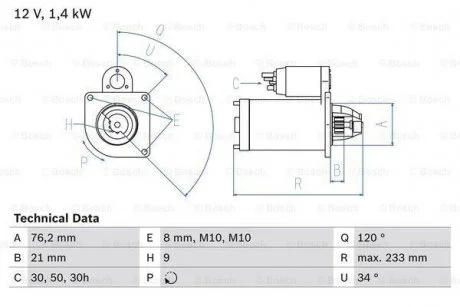 Стартер (12В, 1,2кВт, відновлений) BMW 3 (E36), 3 (E46), 5 (E34), 5 (E39), 5 (E60), 5 (E61), 7 (E38), 7 (E65, E66, E67), X3 (E83), Z3 (E36), Z4 (E85) 1.6-3.2 03.90-12.10 BOSCH 0986026220