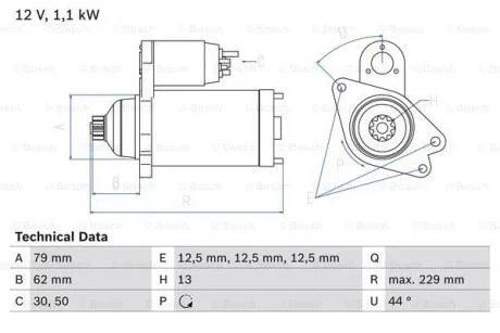 Стартер (12В, 1,1кВт, відновлений) AUDI A1, A3, Q3, SEAT IBIZA IV, IBIZA IV SC, IBIZA IV ST, IBIZA V, LEON, LEON SC, LEON ST, MII, TOLEDO IV, SKODA CITIGO, FABIA III 1.0-2.0 08.11- BOSCH 0 986 029 110
