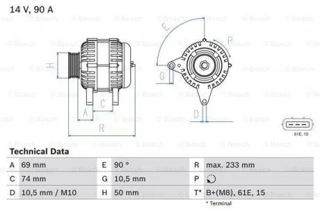 Генератор (14В, 90А, відновлений) BMW 3 (E46), 5 (E39), X5 (E53), Z3 (E36) 1.8-3.0 09.95-12.07 BOSCH 0986040390