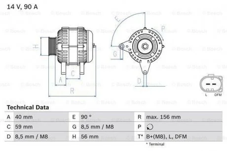 Генератор (14В, 90А, відновлений) AUDI A3, TT, SEAT CORDOBA, CORDOBA VARIO, IBIZA II, IBIZA III, IBIZA IV, IBIZA IV SC, LEON, TOLEDO II, SKODA FABIA I, OCTAVIA I, OCTAVIA II 1.4-3.2 12.95-05.15 BOSCH 0 986 041 500