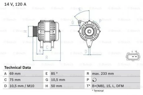 Генератор (14В, 120А, відновлений) BMW 3 (E46) 2.8/3.0 12.98-05.06 BOSCH 0 986 041 810