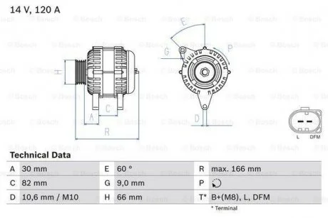 Генератор (14В, 120А, відновлений) AUDI A4 B5, A4 B6, A4 B7, A6 C5, A8 D2, ALLROAD C5 SKODA SUPERB I VW PASSAT B5, PASSAT B5.5 1.6-3.0 11.94-03.08 BOSCH 0 986 044 330