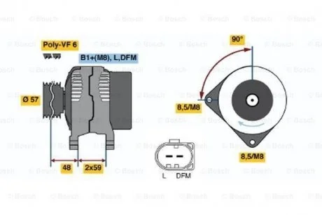 Генератор (14В, 150А, відновлений) CHRYSLER SEBRING, DODGE AVENGER, CALIBER, JOURNEY, FORD GALAXY I, GALAXY MK I, JEEP COMPASS, PATRIOT, SEAT ALHAMBRA, VW CALIFORNIA T4 CAMPER 2.0D-3.2 09.95- BOSCH 0986045360