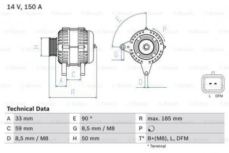 Генератор (14В, 150А, відновлений) NISSAN INTERSTAR, PRIMASTAR, OPEL MOVANO A, VIVARO A, RENAULT GRAND SCENIC II, LAGUNA II, MASTER II, MEGANE II, MEGANE II/KOMBI, SCENIC II 1.9D-2.5D 12.97- BOSCH 0 986 046 260