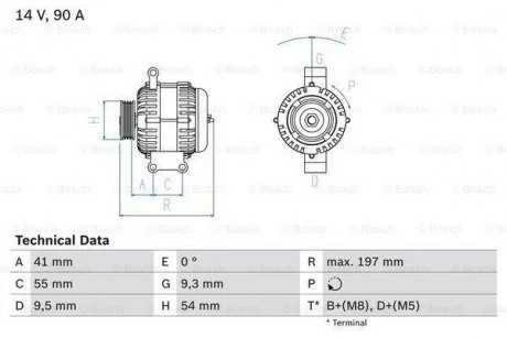 Генератор (14В, 90А, відновлений) ALFA ROMEO MITO CITROEN NEMO, NEMO/MINIVAN FIAT 500, 500 C, DOBLO, DOBLO CARGO, DOBLO/MINIVAN, FIORINO, FIORINO/MINIVAN, GRANDE PUNTO, IDEA, LINEA 1.0-1.7D 09.00- BOSCH 0 986 048 771