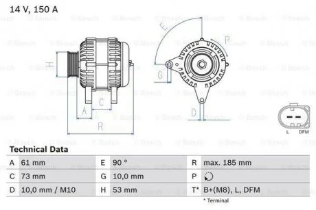 Генератор (14В, 150А, відновлений) BMW 3 (E46), 5 (E39), X3 (E83), X5 (E53) LAND ROVER FREELANDER I 2.0D-3.0D 01.96-08.11 BOSCH 0986048921