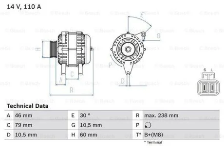 Генератор (14В, 110А, відновлений) HYUNDAI TERRACAN KIA CARNIVAL II 2.5D/2.9D 10.01-12.06 BOSCH 0986049500