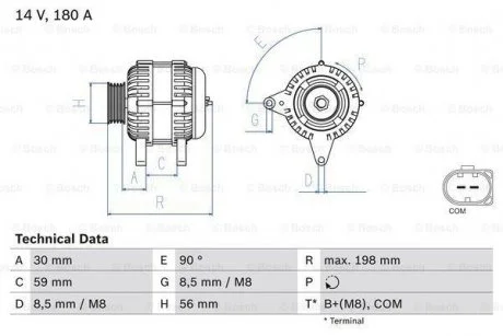 Генератор (14В, 180А, відновлений) AUDI A3, A4 B8, A5, A6 ALLROAD C6, A6 ALLROAD C7, A6 C6, A6 C7, A7, Q7 2.0-4.2 05.04-09.18 BOSCH 0986081930