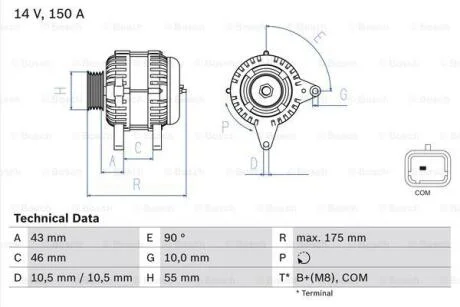 Генератор (14В, 150А, відновлений) DS DS 3, CITROEN BERLINGO, BERLINGO MULTISPACE, BERLINGO/MINIVAN, C3 II, C3 II/HATCHBACK, C3 PICASSO, C4 AIRCROSS, C4 GRAND PICASSO I 1.4D/1.6D/2.0D 02.06- BOSCH 0 986 082 240