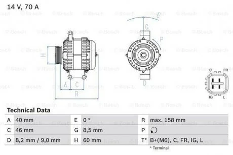 Генератор (14В, 70А, відновлений) HONDA CR-V II, FR-V, STREAM 1.7/2.0/2.4 05.01- BOSCH 0986082800
