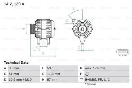 Генератор (14В, 130А, відновлений) HYUNDAI ELANTRA IV, ELANTRA V, I20 I, I30, I40 I, I40 I CW, IX20, IX35 KIA CARENS IV, CEED, OPTIMA, PRO CEED, RIO III, SOUL I, SOUL II 1.1D-1.7D 11.05- BOSCH 0986082820