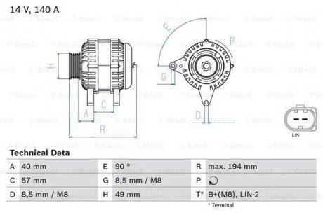 Генератор (14В, 140А, відновлений) AUDI A3, A4 ALLROAD B8, A4 B8, A5, Q3, Q5, TT SKODA KAMIQ, KODIAQ I, OCTAVIA III, SCALA, SUPERB III, YETI VW AMAROK, ARTEON, ATLAS 1.0-3.6 11.07- BOSCH 0 986 083 130