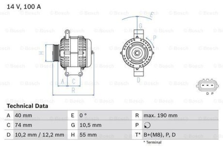 Генератор (14В, 100А, відновлений) MAZDA 6, MX-5 III 1.8-2.5 01.02-12.14 BOSCH 0986083570