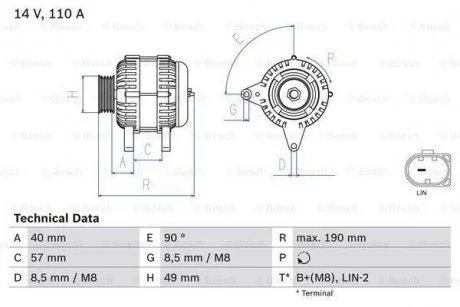 Генератор (14В, 110А, відновлений) AUDI A1, SEAT ATECA, LEON, LEON SC, LEON ST, TOLEDO IV, SKODA KODIAQ I, OCTAVIA III, RAPID, YETI, VW GOLF ALLTRACK VII, GOLF SPORTSVAN VII 1.6D/2.0D 05.09- BOSCH 0986083910