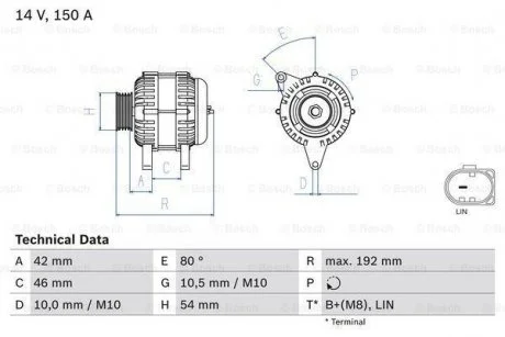 Генератор (14В, 150А, відновлений) VOLVO C30, S40 II, S60 II, S80 II, V40, V50, V60 I, V70 III, FORD B-MAX, C-MAX II, ECOSPORT, FIESTA VI, FOCUS III, FOCUS III/HATCHBACK 1.0-2.0D 05.06- BOSCH 0986084230