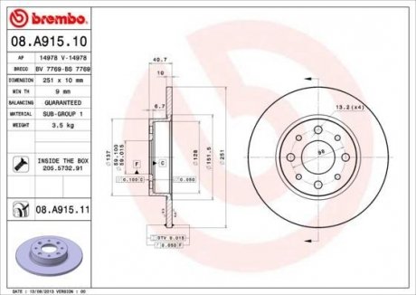 Тормозной диск BREMBO 08.A915.11 (фото 1)