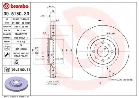 Тормозной диск BREMBO 09.5180.30