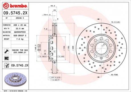 Гальмівні диски BREMBO 0957452X (фото 1)
