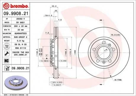 Диск гальмівний BREMBO 09.9908.21