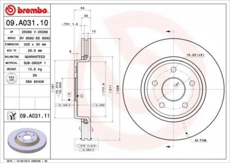 Тормозной диск BREMBO 09A03110 (фото 1)