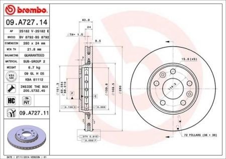Тормозной диск BREMBO 09A72714 (фото 1)