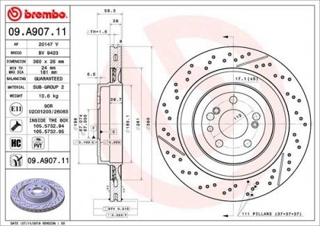 TARCZA HAMULCOWA TYL BREMBO 09.A907.11 (фото 1)