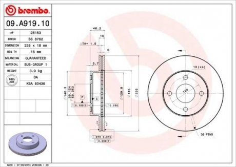 Гальмівний диск BREMBO 09A91910