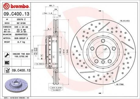 Диск гальмівний BMW 1 F20,21 tyі BREMBO 09.C400.13
