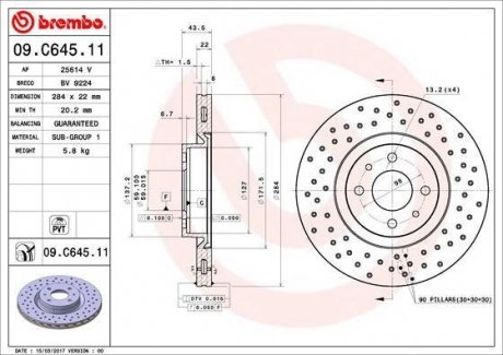 Тормозной диск передний ABARTH 500 08- BREMBO 09.C645.11 (фото 1)