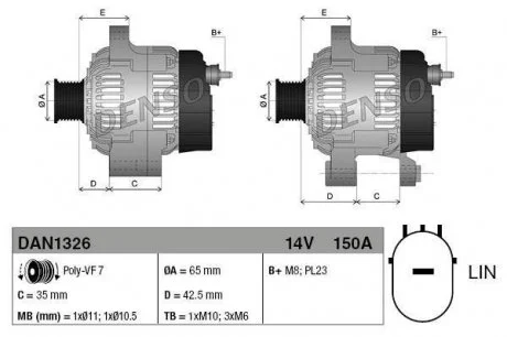 Генератор (14В, 150А, новий із заставою) HONDA CIVIC IX, CIVIC X, CR-V IV, HR-V 1.6D 02.13- DENSO DAN1326