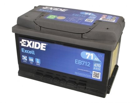 Аккумулятор EXCELL 12V/71Ah/670A (R+) (278х175х175) EXIDE EB712 (фото 1)