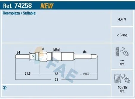 Свічка накалу CHEVROLET CAPTIVA, CRUZE, EPICA, LACETTI, NUBIRA, OPEL ANTARA A 2.0D 01.05- FAE 74258