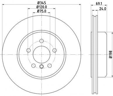 Диск тормозной BMW 5 F10/11/7 F01-04 задний вент. D=345мм. HELLA 8DD355119281 (фото 1)