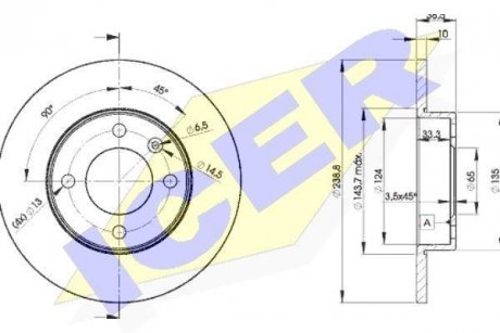 Диск гальмівний (передній) Audi 80 72-86/VW Passat/Golf 73-97/Polo 81-94 (239x10) (з покр.) (повний) ICER 78BD33252