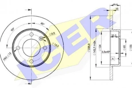 Диск гальмівний (передній) Audi 80 72-86/VW Passat/Golf 73-97/Polo 81-94 (239x10) (з покр.) (повний) ICER 78BD33252