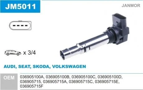 Котушка VW Passat/Skoda Octavia/Seat Toledo 1.2-1.6 98- 12V Janmor JM5011