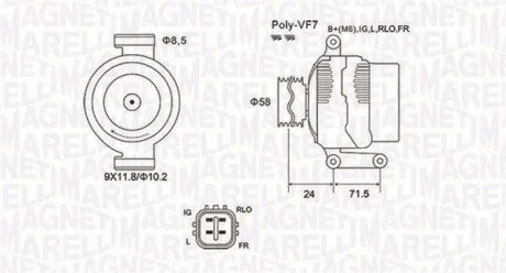 Генератор (12В, 100А, новий) TOYOTA AURIS, AVENSIS, COROLLA, COROLLA VERSO, VERSO 2.0D/2.2D 07.05-10.18 MAGNETI MARELLI 063731965010