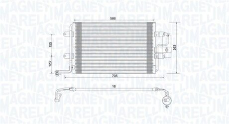 Конденсатор кондиціонера (з осушувачем) AUDI A3, TT PEUGEOT 306 SEAT LEON, TOLEDO II SKODA OCTAVIA I SUBARU LEGACY III VW BORA, BORA I, GOLF IV, NEW BEETLE 1.4-3.2 09.96-12.13 MAGNETI MARELLI 350203735000