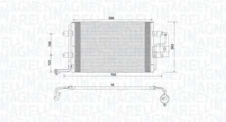 Конденсатор кондиціонера (з осушувачем) AUDI A3, TT PEUGEOT 306 SEAT LEON, TOLEDO II SKODA OCTAVIA I SUBARU LEGACY III VW BORA, BORA I, GOLF IV, NEW BEETLE 1.4-3.2 09.96-12.13 MAGNETI MARELLI 350203735000