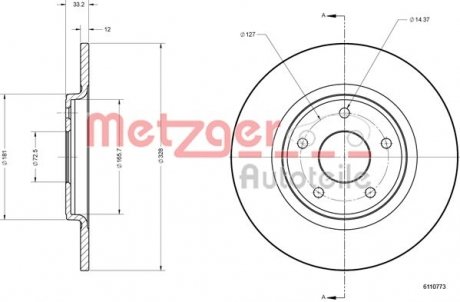 Диск гальмівний (задній) Chrysler Grand Voyager 07-/Fiat Freemont 11- (328x12) METZGER 6110773 (фото 1)