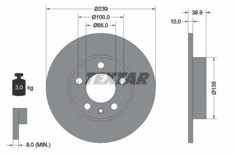 Диск гальмівний задн Лів/Прав VW GOLF III, PASSAT B3/B4 2.9 01.94-04.99 TEXTAR 92088700