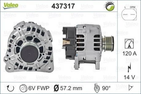 Генератор (14В, 120А, відновлений) AUDI A2, A3, A4 B5, A6 C4, A6 C5, TT, FORD GALAXY I, SEAT ALHAMBRA, AROSA, CORDOBA, CORDOBA VARIO, IBIZA II, IBIZA III, IBIZA IV, IBIZA IV SC 1.0-3.2 02.90- Valeo 437317