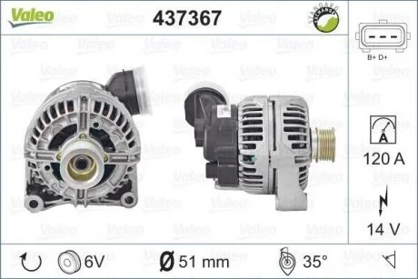 Генератор (14В, 120А, відновлений) BMW 3 (E36), 3 (E46), 5 (E34), 5 (E39), 5 (E60), 5 (E61), 7 (E32), 7 (E38), 8 (E31), X5 (E53), Z3 (E36) 2.0-4.4 01.91-12.10 Valeo 437367